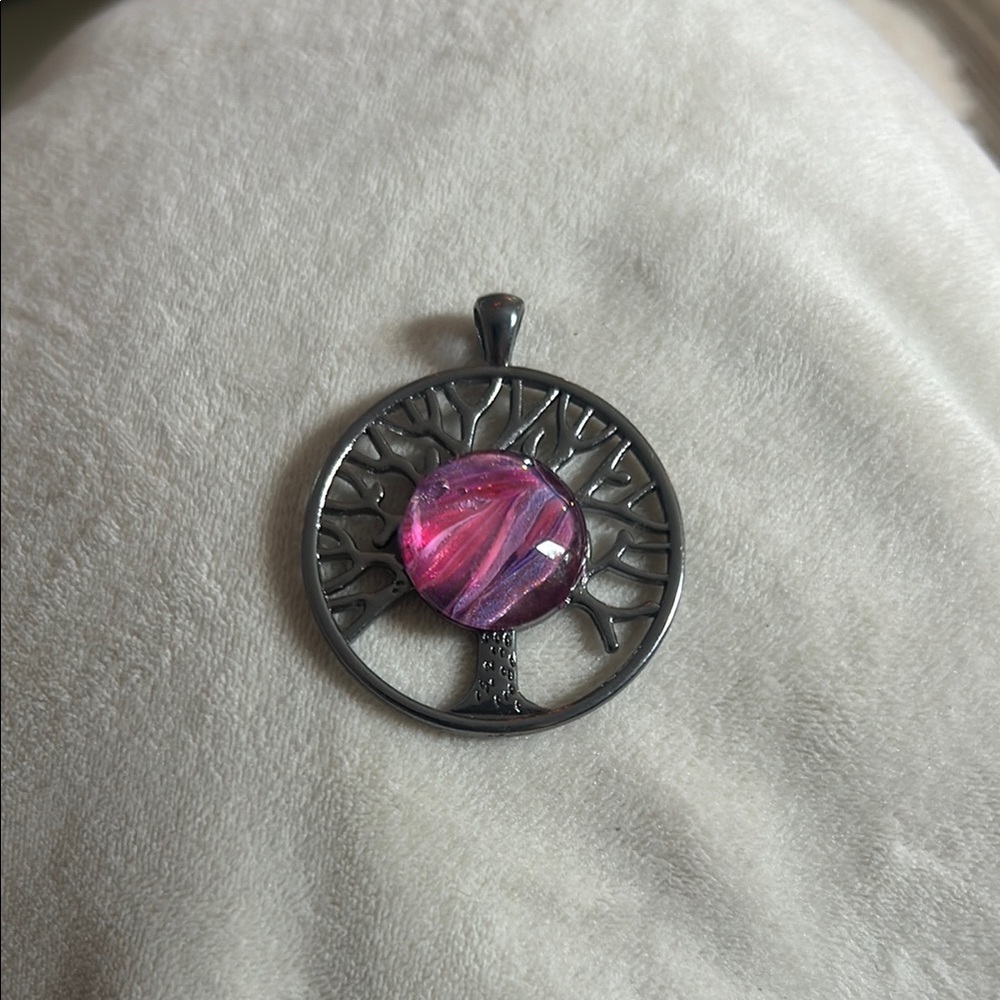 Silver Tree Pendant with Pink Stone